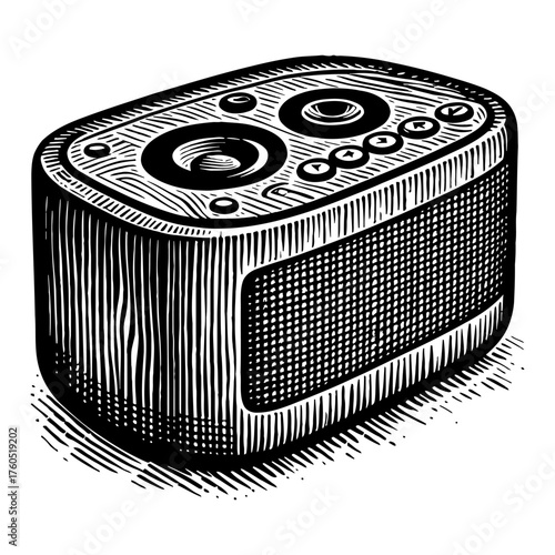 Portable Speaker or Radio Device with Buttons Black and White Outline Line Art Drawing Vintage Engraving