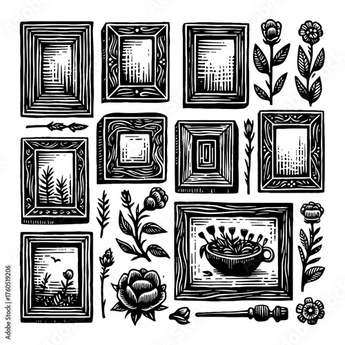 Diverse Collection of Decorative Picture Frames Flowers and Plants with Teacup Black and White Outline Line Art Drawing