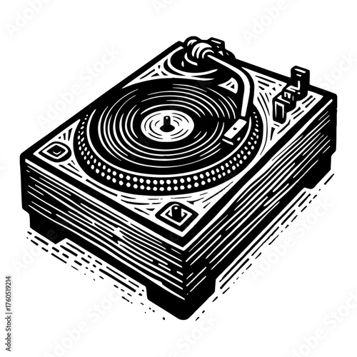 Vintage Turntable with Spinning Vinyl Record Player Black and White Outline Line Art Drawing