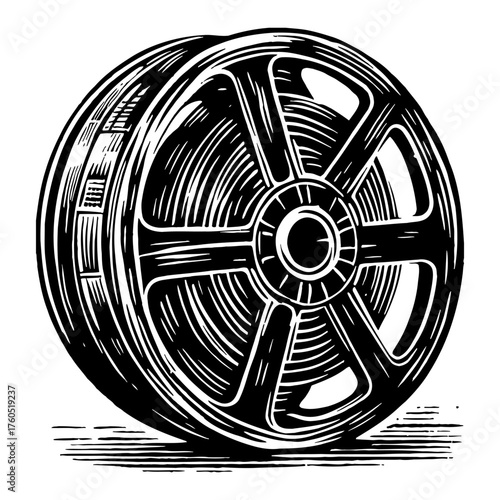 Classic Film Reel Spool for Movie Production and Cinema in Detailed Black and White Outline Line Art Drawing
