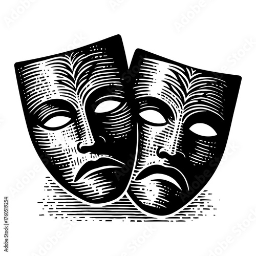 Comedy and Tragedy Theatrical Masks Black and White Outline Line Art Drawing for Drama Performance