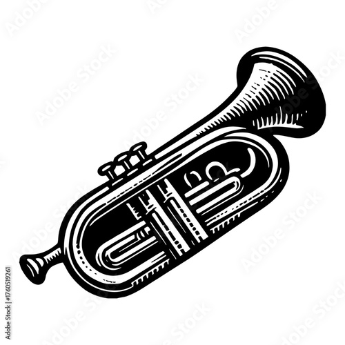Classic Musical Trumpet Instrument Vintage Black and White Outline Line Art Drawing Isolated Object Engraved Detail