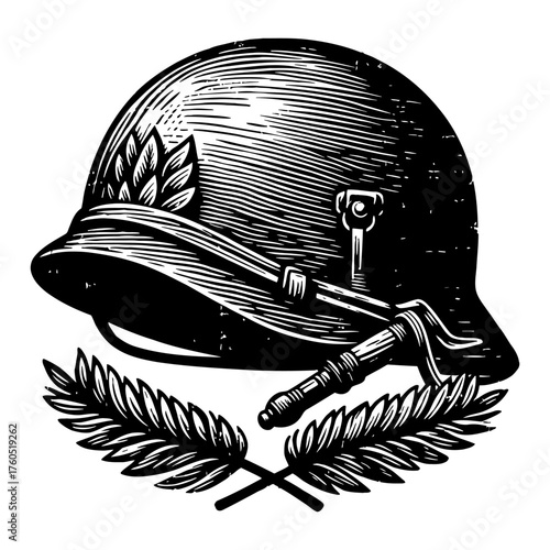 Antique Style Military Helmet with Laurel Wreath and Axe Tool Black and White Outline Line Art Drawing