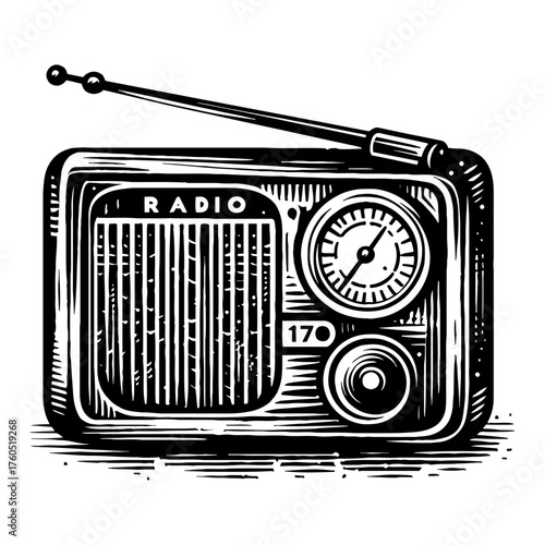 Vintage Radio Receiver Black and White Outline Line Art Drawing Retro Old Classic Device with Antenna Dial Knob