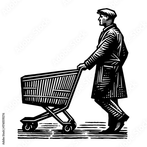 Gentleman Pushing Shopping Cart Side View Groceries Vintage Black and White Outline Line Art Drawing