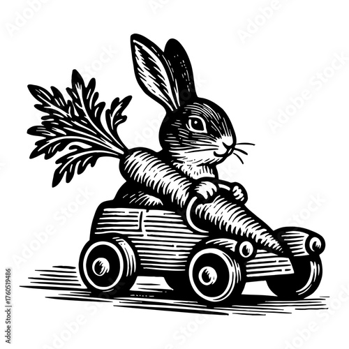 Cute Rabbit Driving Funny Carrot Car Black and White Outline Line Art Drawing Vintage Engraving Style Illustration