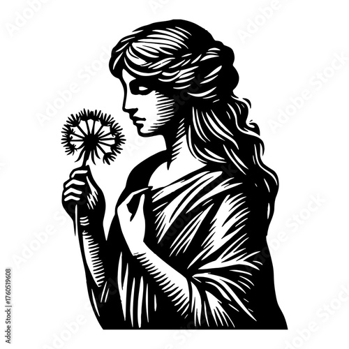 Beautiful Woman Holding Dandelion in Profile View Black and White Outline Line Art Drawing Vintage Engraved