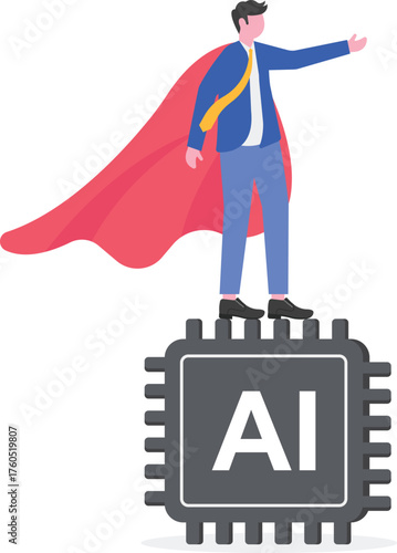 Super businessman stands holding an AI chip, illustration of a professional businessman capable of maximizing AI technology to enhance business performance
