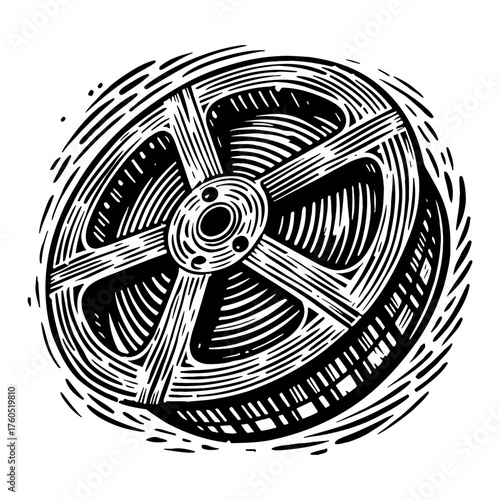 Detailed Automotive Car Wheel Tire in Dynamic Vintage Engraved Woodcut Black and White Outline Line Art Drawing