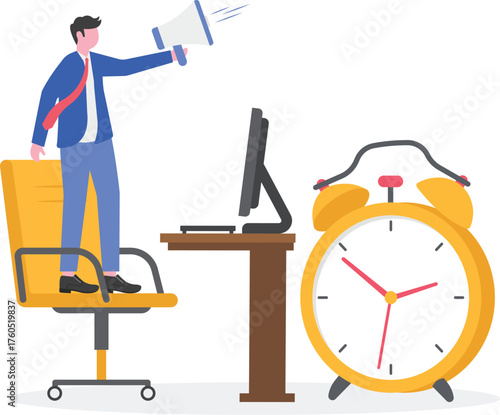 A businessman speaks through a megaphone on top of an alarm clock,
