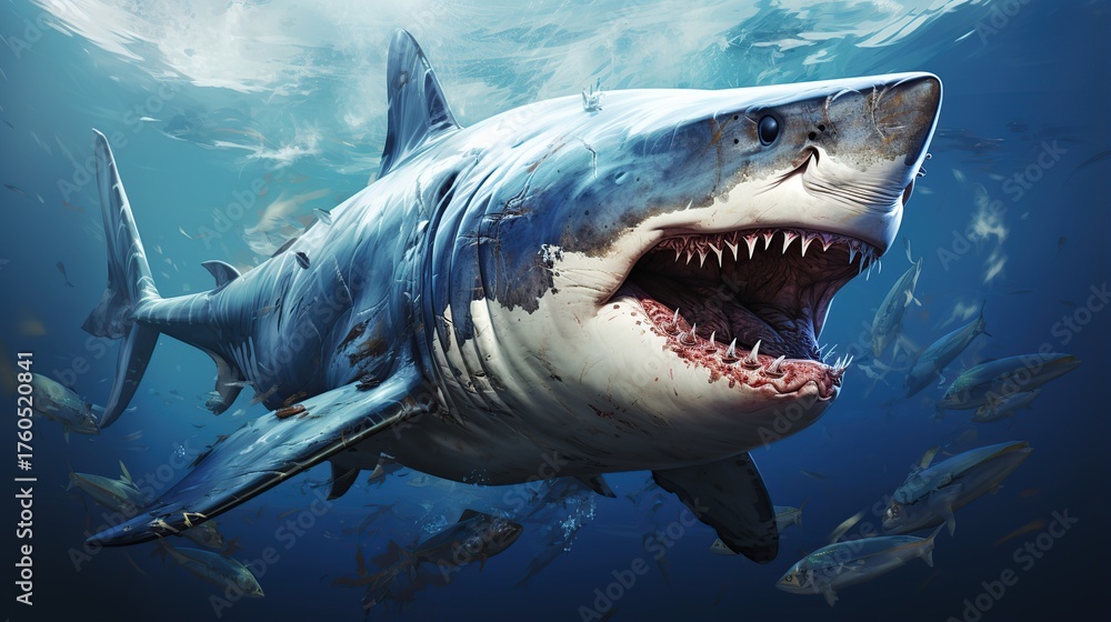 Obraz premium A powerful great white shark emerges from the deep blue ocean depths, its mouth agape revealing rows of sharp teeth, with a school of smaller fish swimming in the background.