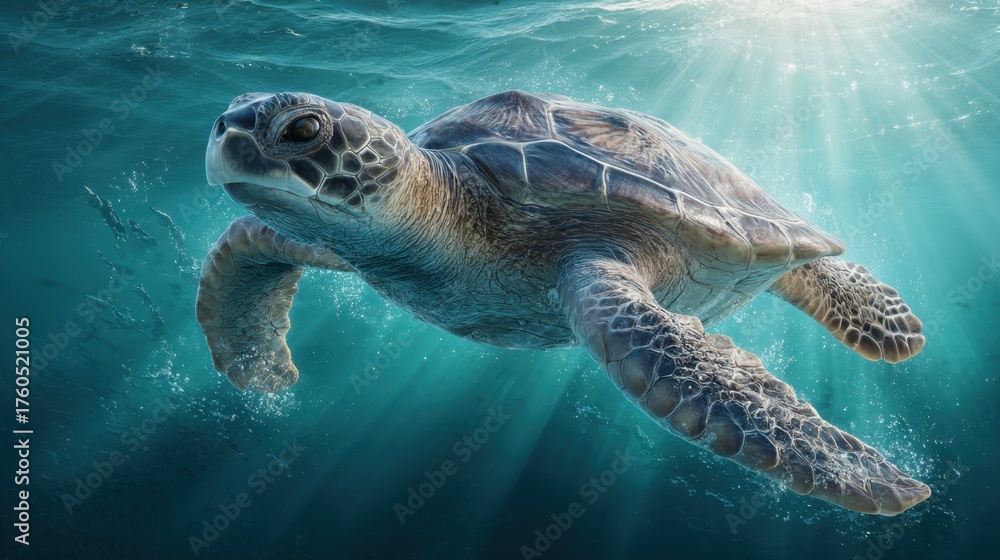 Fototapeta premium Graceful sea turtle swimming through turquoise waters ocean depths underwater photography vibrant environment close-up view marine life
