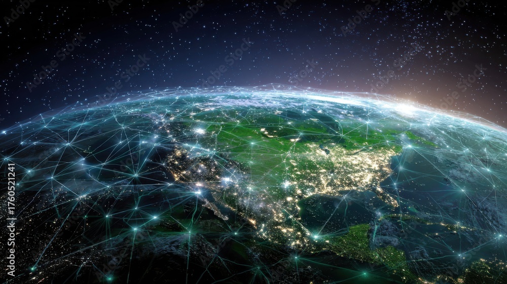 Obraz premium Earth illuminated by city lights from space highlighting major urban areas and network connections at night. A bright glow surrounds the planet creating a stunning view.