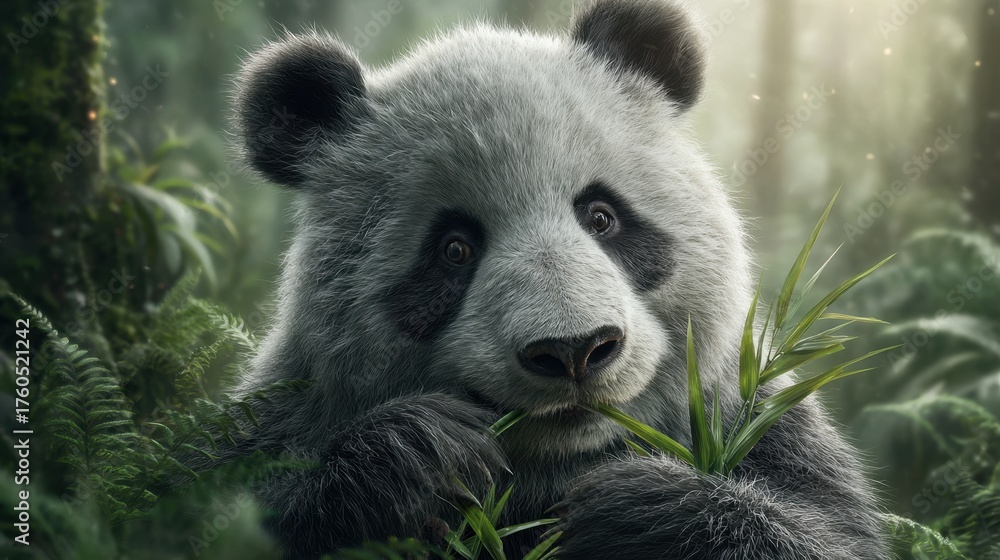 Fototapeta premium Giant panda eating bamboo lush green forest wildlife photography tranquil environment close-up view nature conservation