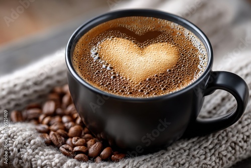 Black Coffee Cup with Heart Shaped Foam on Knitted Fabric