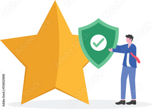 Businessman holding a star and another holding a shield with a checkmark illustration of insurance and warranty for business product quality standards
