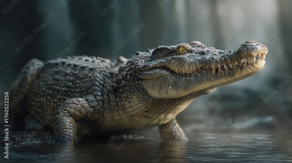 Obraz premium Crocodile encounter in serene wetlands wildlife photography nature environment close-up view animal behavior observation