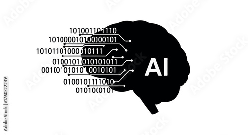 Digital brain with binary code flowing into it, representing artificial intelligence and data processing.