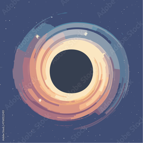 A stylized vector illustration of a black hole with a swirling accretion disk against a starry deep space background.