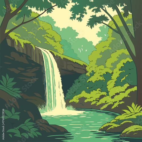 Beautiful green rainforest landscape with a waterfall cascade flowing into a tropical river in the jungle