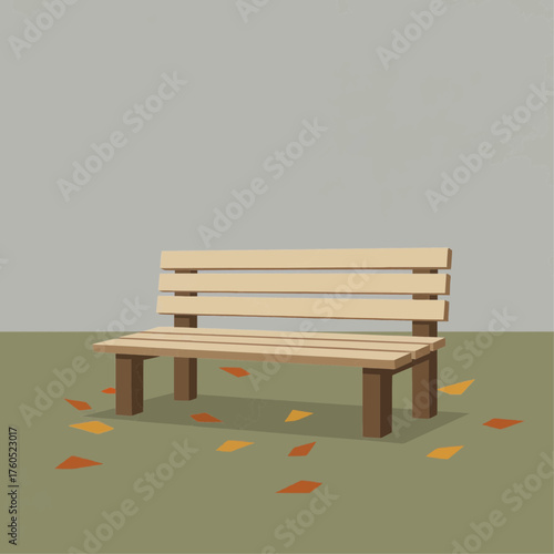 Minimal park scene with empty wooden bench and scattered fallen leaves, evoking melancholy calm in geometric vector style.