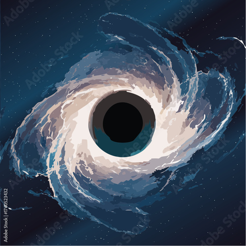 Illustration of a black hole with swirling matter around it in space.