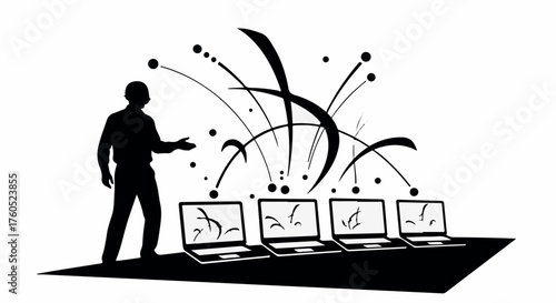 Man presenting innovative ideas exploding from multiple laptops with energetic bursts.