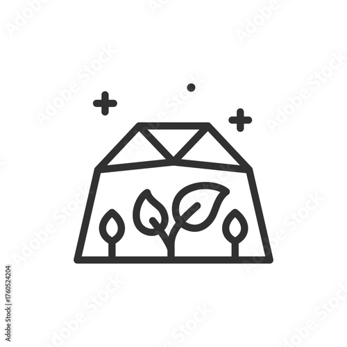 Greenhouse with plants, linear icon. Space agriculture and ecosystem experiment. Line with editable stroke.