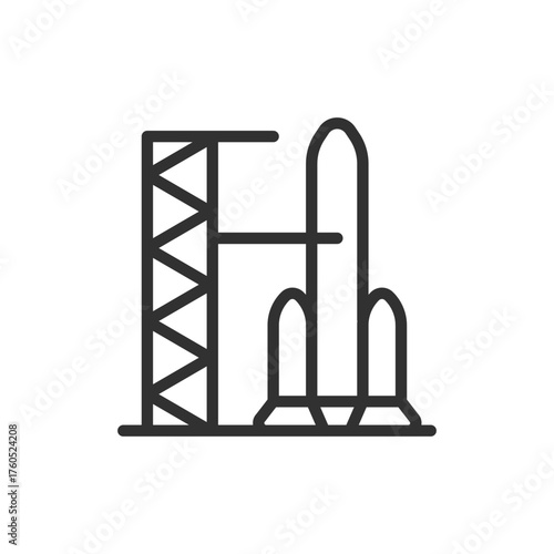 Launch pad, linear icon. Rocket at launch site for space mission. Line with editable stroke.