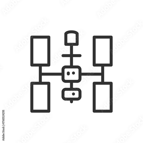 Space station, linear icon. Orbiting research lab with solar panels. Line with editable stroke.
