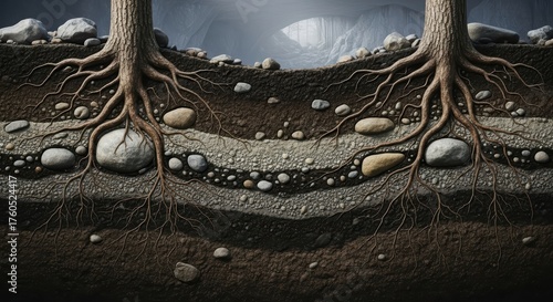 Cross section of forest floor showing tree roots anchoring soil layers with rocks and earth