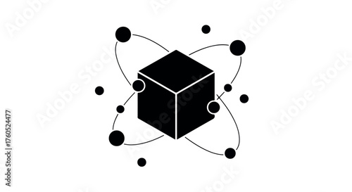 Abstract cube with orbiting particles, representing data, connection, or science.