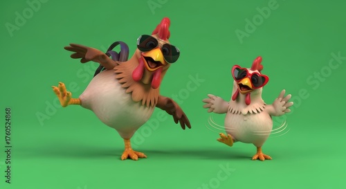 Two cartoon chickens wearing sunglasses and backpacks dancing on a green background