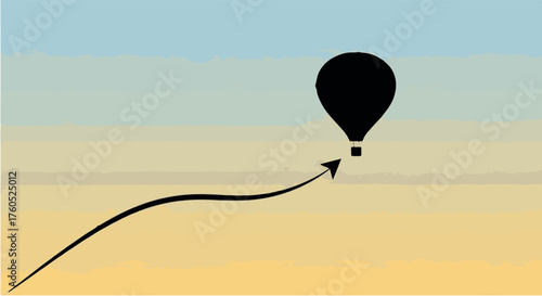 Black hot air balloon ascends against a soft gradient sky with a curved flight path.