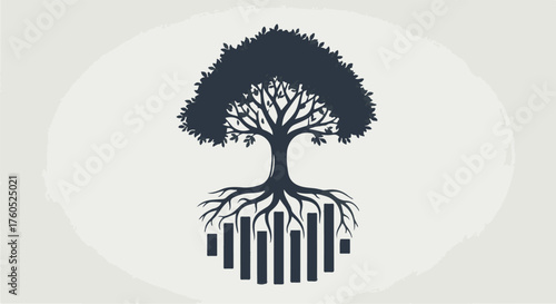 Symbolic tree with roots intertwined with financial growth chart, representing business development and prosperity.