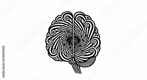 Intricate, swirling patterns create a stylized representation of the human brain.