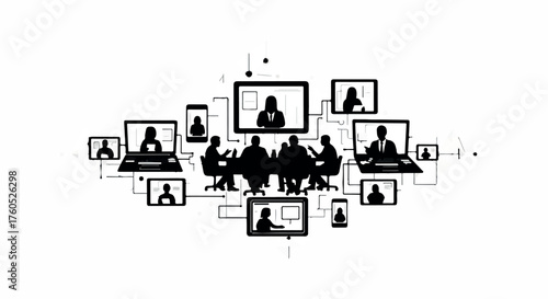 Diverse team collaborating remotely through digital devices for a modern business meeting.