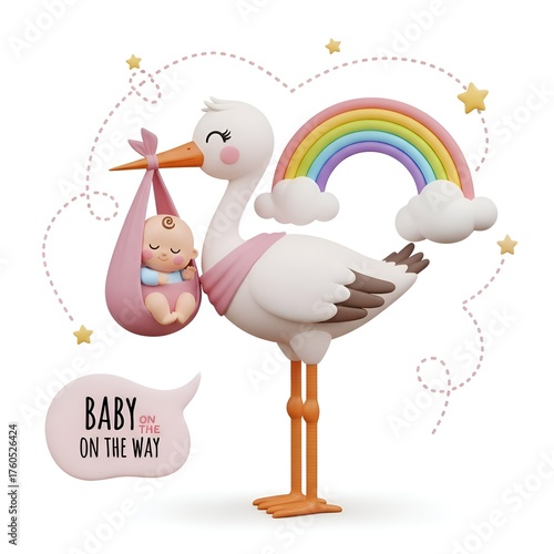 3d illustration of a stork carrying a baby isolated on white background