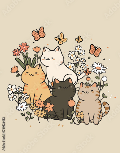  A delightful illustration featuring four cute cats among vibrant flowers and fluttering butterflies, capturing the essence of joy and companionship in nature.