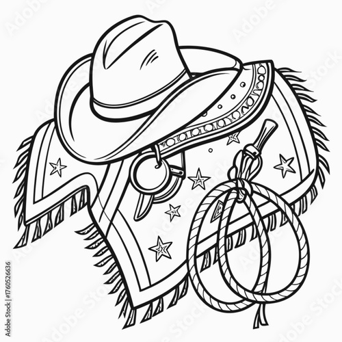 Minimilist illustration of a cowboy hat resting on a poncho with a lasso and decorative stars design elements vector