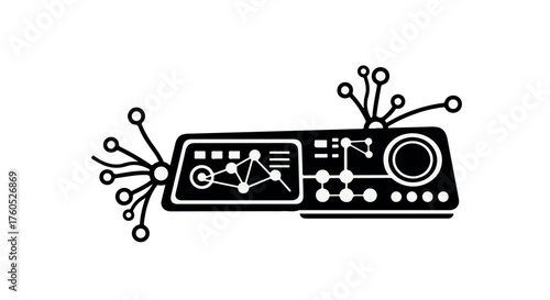 Futuristic digital interface with glowing nodes and circuits, representing data and technology.