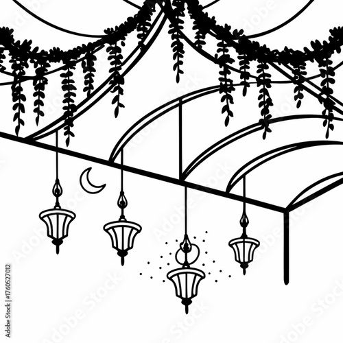 Minimilist illustration of a pergola with hanging lanterns, foliage, and a crescent moon in black and white style vector
