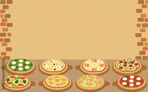 様々なピザが並ぶフレーム　A frame of various pizzas