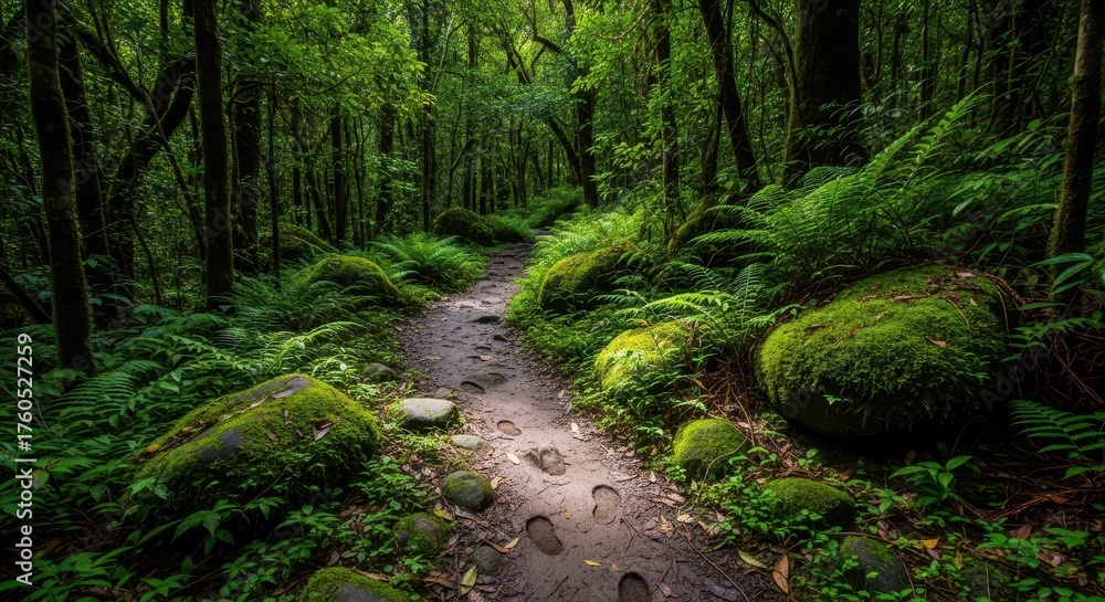 Fototapeta premium Dirt path through green forest with footprints and sunlight