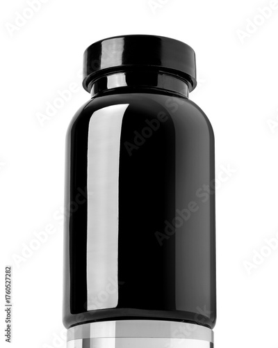 Glossy black plastic bottle with closed cap, isolated on transparent background, suitable for supplements or health products