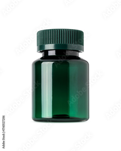 Green plastic bottle with ribbed screw cap, isolated on transparent background, suitable for supplements or medicine packaging