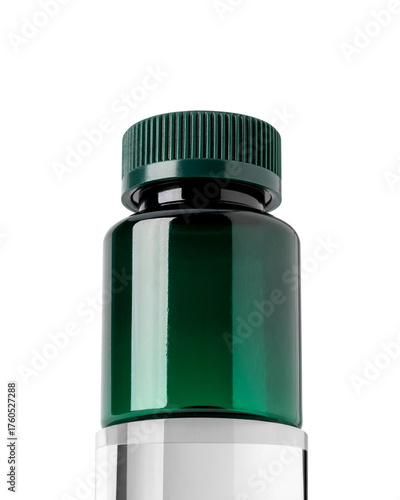 Green plastic bottle with ribbed screw cap, isolated on transparent background, suitable for supplements or medicine packaging