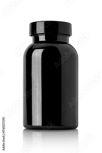 Glossy black plastic bottle with closed cap, isolated on transparent background, suitable for supplements or health products