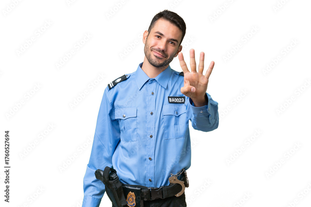 Fototapeta premium Young police caucasian man over isolated background happy and counting four with fingers