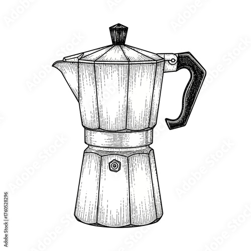 Detailed black and white illustration of a classic Moka pot coffee maker, with textured shading and a black handle, on a white background.